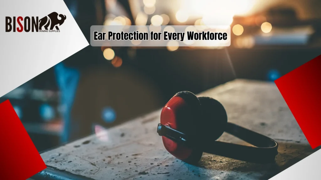 A red ear protection device in a workshop environment.