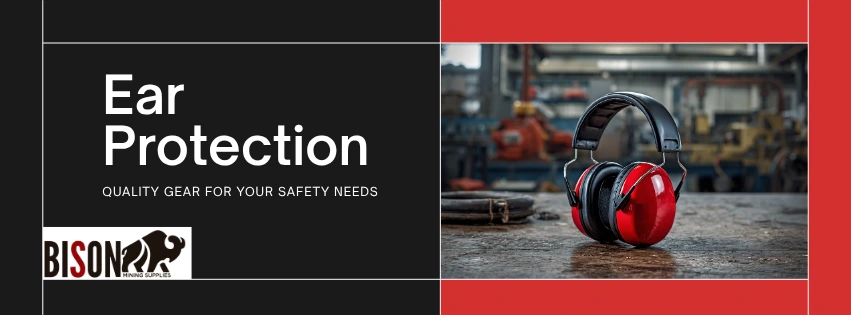 Ear protection banner featuring red ear protection muffs.