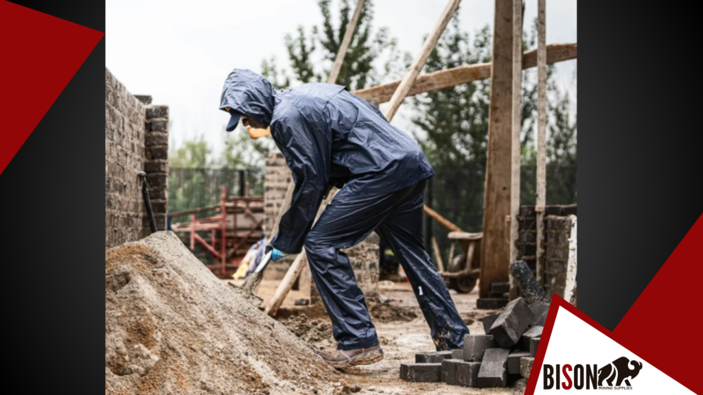 A person in a working environment wearing rainwear.